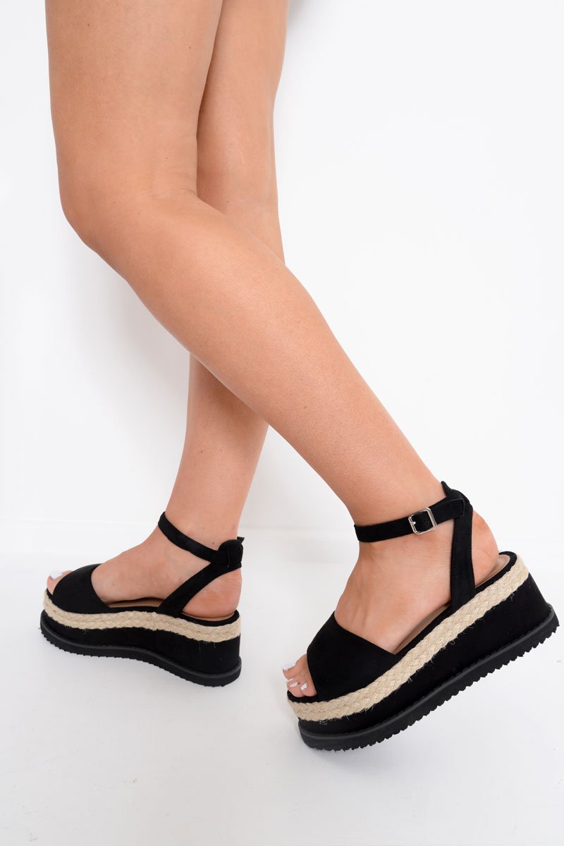 Black Faux Suede Platform Wedges - Kareli-Wedges