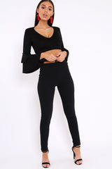 Black Faux Suede Plunge Front Crop Top - Quorra-Crop Tops