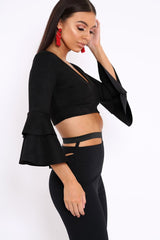 Black Faux Suede Plunge Front Crop Top - Quorra-Crop Tops