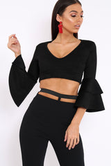 Black Faux Suede Plunge Front Crop Top - Quorra-Crop Tops