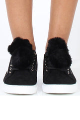 Black Faux Suede Pom Pom Pumps - Makayla-Flats
