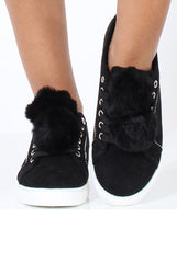 Black Faux Suede Pom Pom Pumps - Makayla-Flats