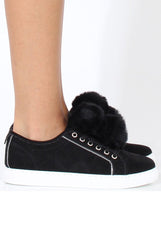 Black Faux Suede Pom Pom Pumps - Makayla-Flats