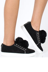 Black Faux Suede Pom Pom Pumps - Makayla-Flats