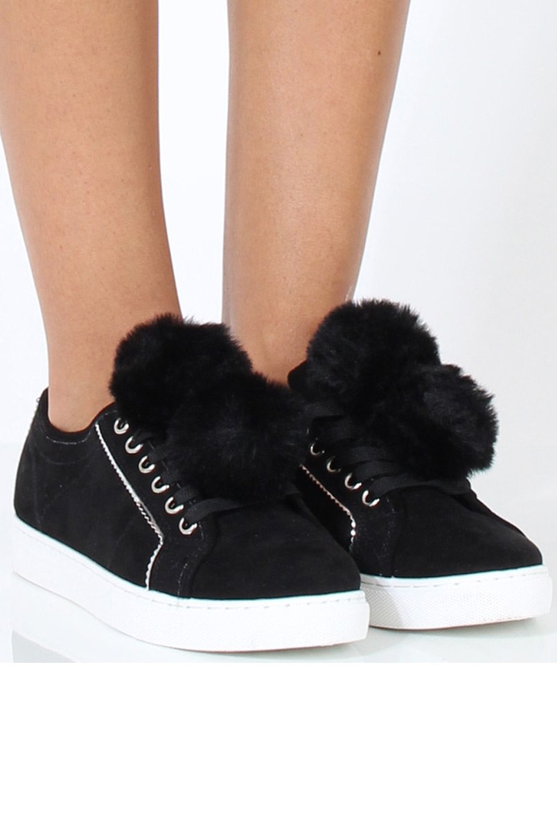 Black Faux Suede Pom Pom Pumps - Makayla-Flats