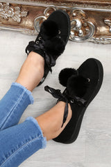 Black Faux Suede Pom Pom Trainers - Ellany-Trainers