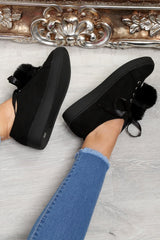 Black Faux Suede Pom Pom Trainers - Ellany-Trainers