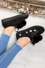 Black Faux Suede Pom Pom Trainers - Ellany-Trainers