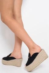 Black Faux Suede Rope Braid Mule Wedges - Saori-Wedges