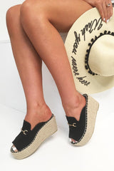 Black Faux Suede Rope Braid Mule Wedges - Saori-Wedges