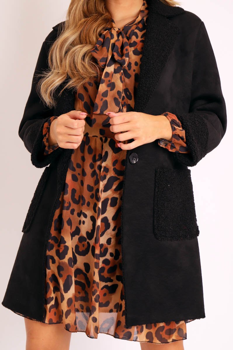 Black Faux Suede Shearling Coat - Izabella-Coats