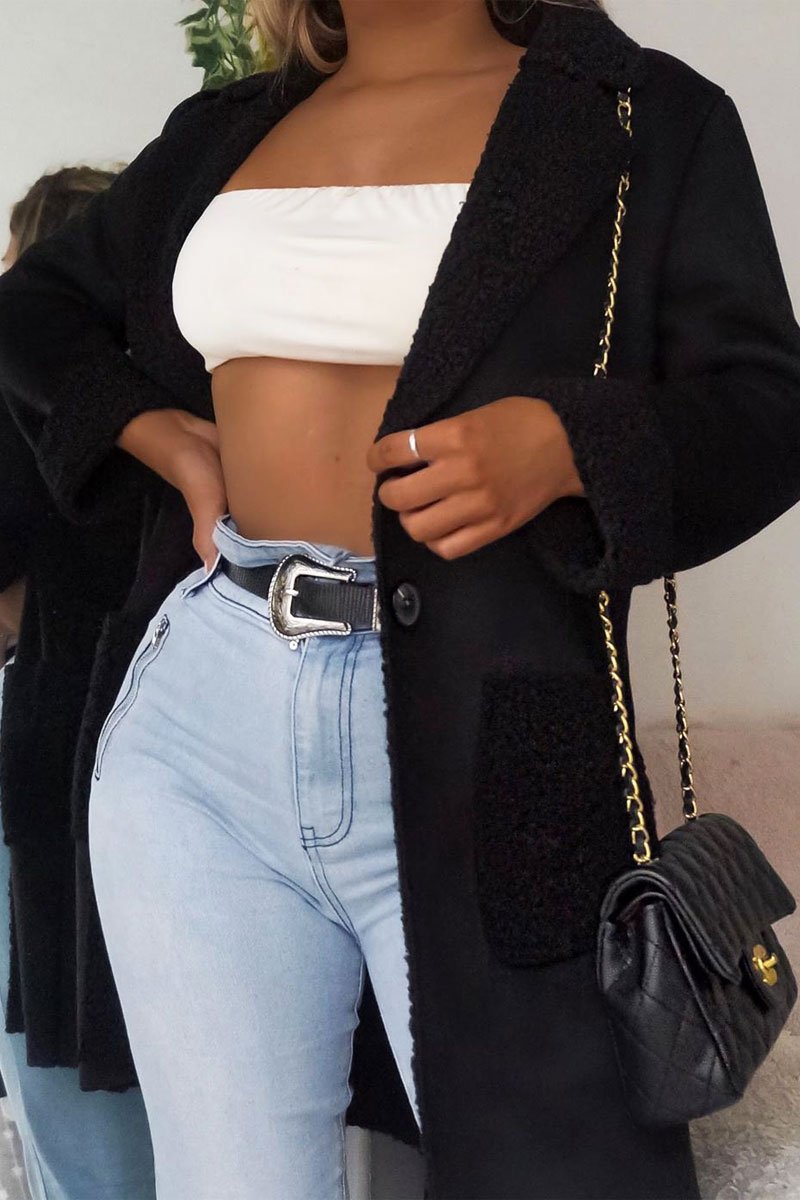 Black Faux Suede Shearling Coat - Izabella-Coats