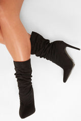 Black Faux Suede Slouchy Heeled Ankle Boots - Leightyn-Boots