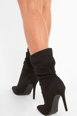 Black Faux Suede Slouchy Heeled Ankle Boots - Leightyn-Boots