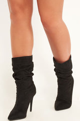 Black Faux Suede Slouchy Heeled Ankle Boots - Leightyn-Boots