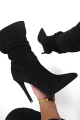 Black Faux Suede Slouchy Heeled Ankle Boots - Leightyn-Boots