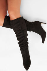 Black Faux Suede Slouchy Knee High Boots - Faviola-Boots