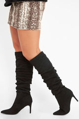Black Faux Suede Slouchy Knee High Boots - Faviola-Boots