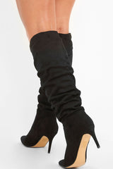 Black Faux Suede Slouchy Knee High Boots - Faviola-Boots