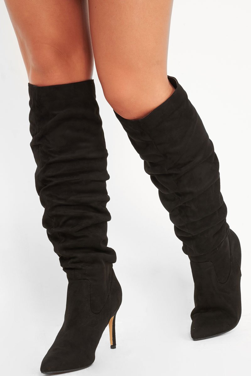 Black Faux Suede Slouchy Knee High Boots - Faviola-Boots