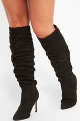 Black Faux Suede Slouchy Knee High Boots - Faviola-Boots