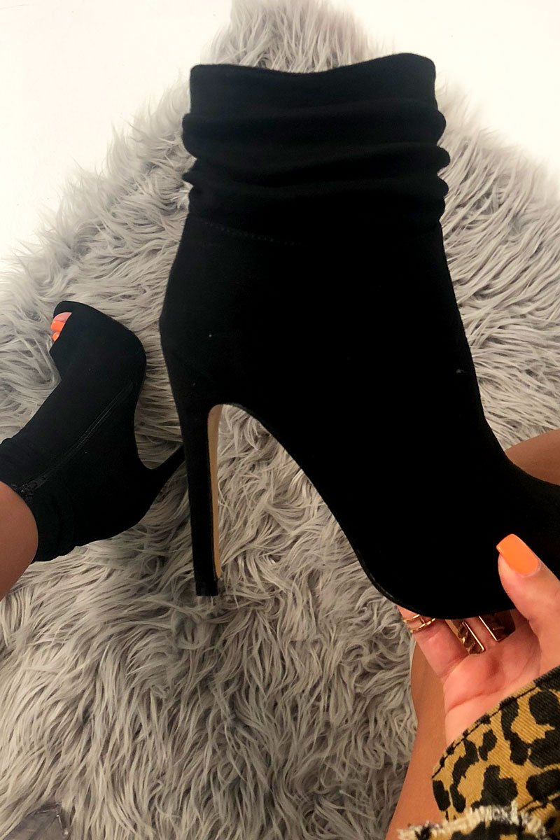 Black Faux Suede Slouchy Peep Toe Sock Boots - Ellenore-Boots