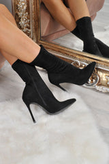 Black Faux Suede Sock Boots - Hally-Heels