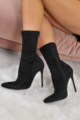 Black Faux Suede Sock Boots - Hally-Heels