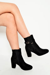 Black Faux Suede Strap Detail Buckle Ankle Boots - Sabryna-Boots