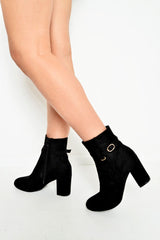 Black Faux Suede Strap Detail Buckle Ankle Boots - Sabryna-Boots
