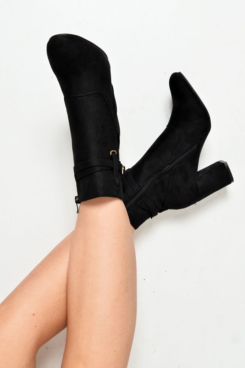 Black Faux Suede Strap Detail Buckle Ankle Boots - Sabryna-Boots
