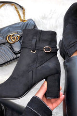 Black Faux Suede Strap Detail Buckle Ankle Boots - Sabryna-Boots