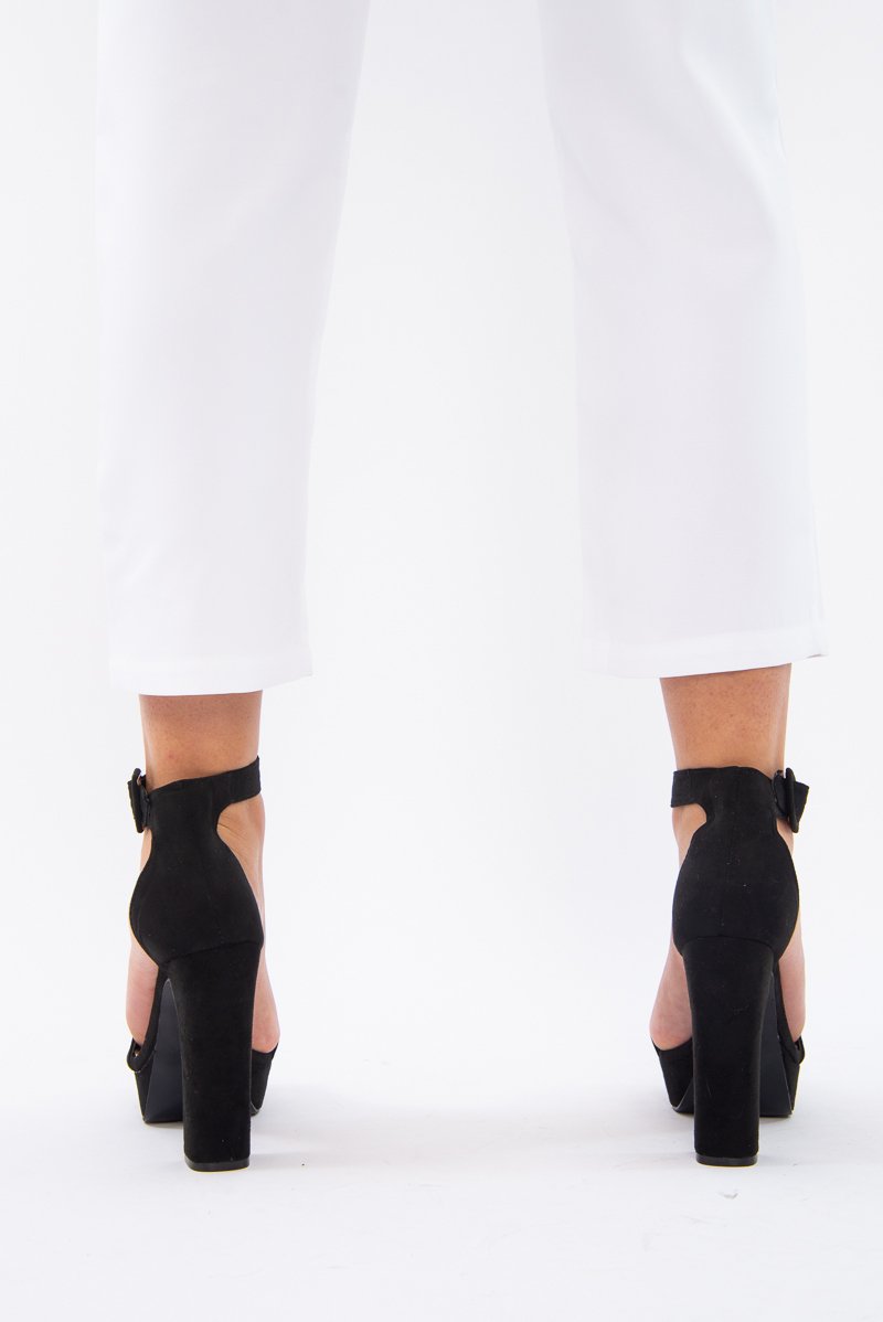 Black Faux Suede Strappy Block Heels - Jaydin-Shoes