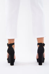 Black Faux Suede Strappy Block Heels - Jaydin-Shoes