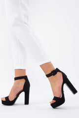 Black Faux Suede Strappy Block Heels - Jaydin-Shoes