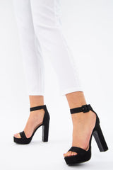 Black Faux Suede Strappy Block Heels - Jaydin-Shoes
