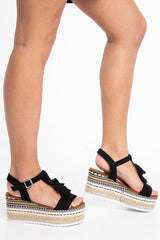 Black Faux Suede Stripe Metallic Wedges - Sara-Wedges