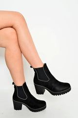Black Faux Suede Stud Trim Chunky Chelsea Boots - Leana-Boots