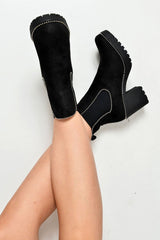 Black Faux Suede Stud Trim Chunky Chelsea Boots - Leana-Boots