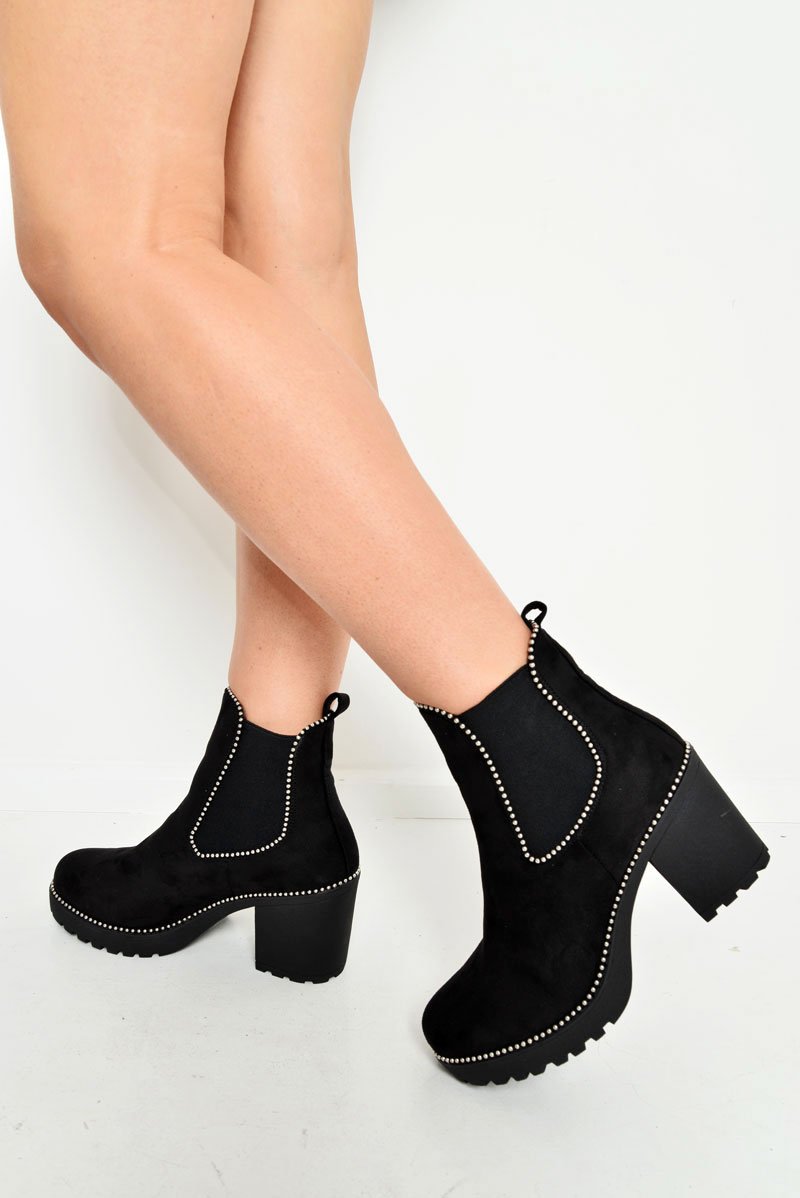 Black Faux Suede Stud Trim Chunky Chelsea Boots - Leana-Boots
