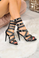 Black Faux Suede Studded Buckle Heels - Gelena-Heels