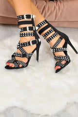 Black Faux Suede Studded Buckle Heels - Gelena-Heels
