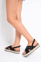Black Faux Suede Studded Cross Over Sandal - Nesha-Shoes