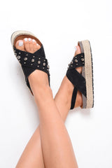 Black Faux Suede Studded Cross Over Sandal - Nesha-Shoes