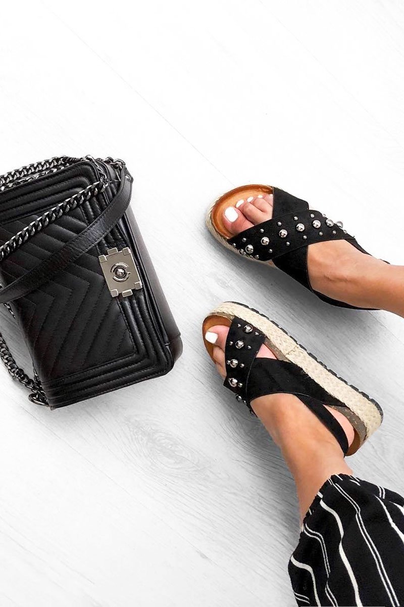 Black Faux Suede Studded Cross Over Sandal - Nesha-Shoes