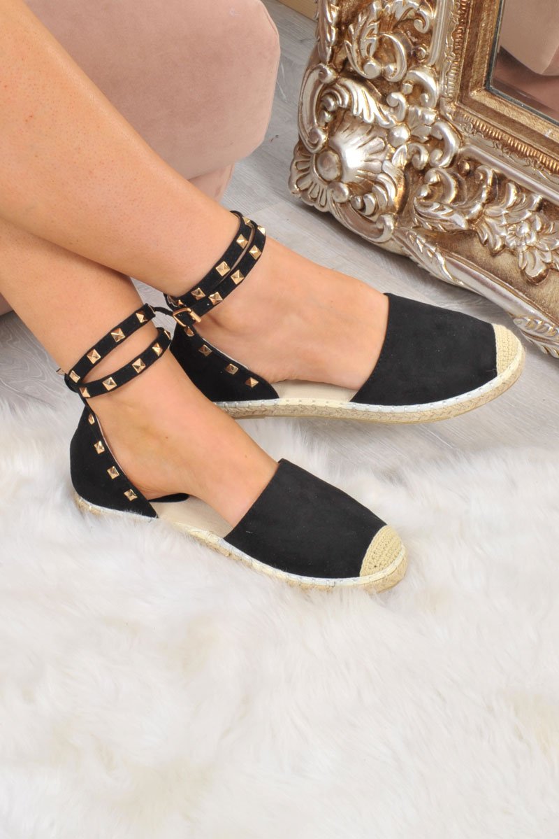 Black Faux Suede Studded Espadrilles - Hartley-Flats