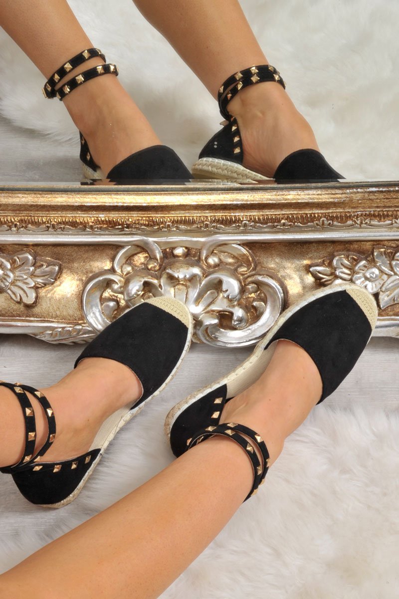 Black Faux Suede Studded Espadrilles - Hartley-Flats
