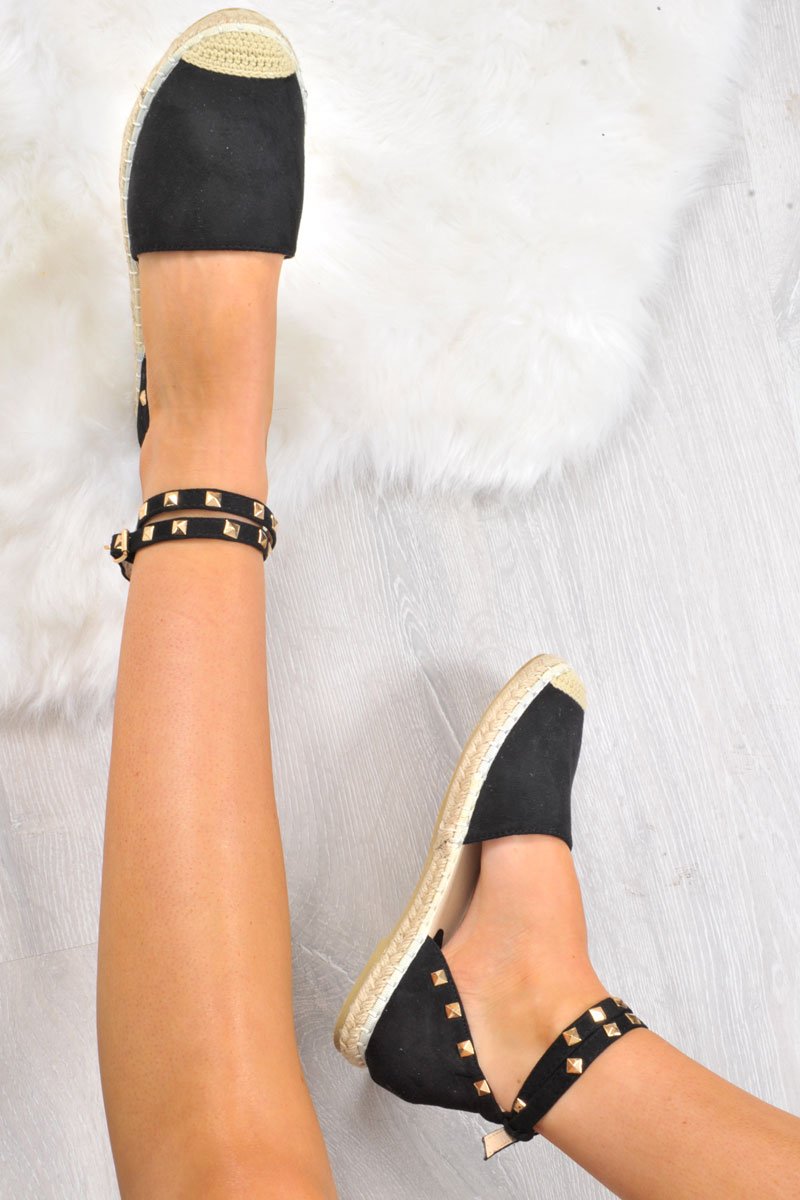 Black Faux Suede Studded Espadrilles - Hartley-Flats