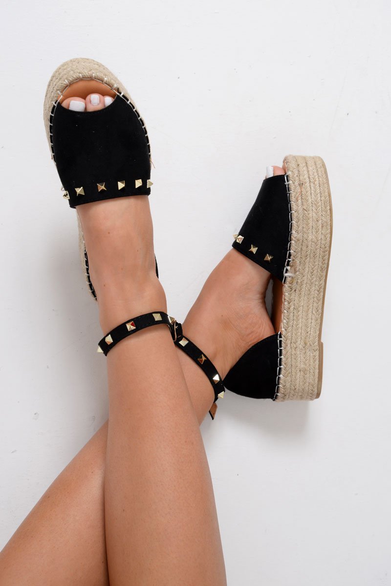 Black Faux Suede Studded Flatforms - Adabelle-Wedges