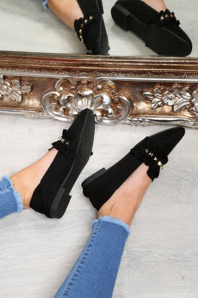 Black Faux Suede Studded Loafers - Kenia-Flats